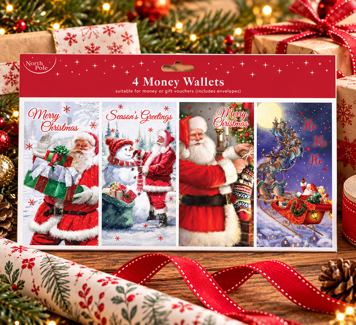 Christmas Money Gift Wallets Cards Pack of 4 Traditional Design North Pole