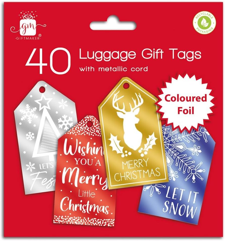 Giftmaker Collection Xmas Christmas Luggage Style Gift Tags Coloured Foil - Pack of 40
