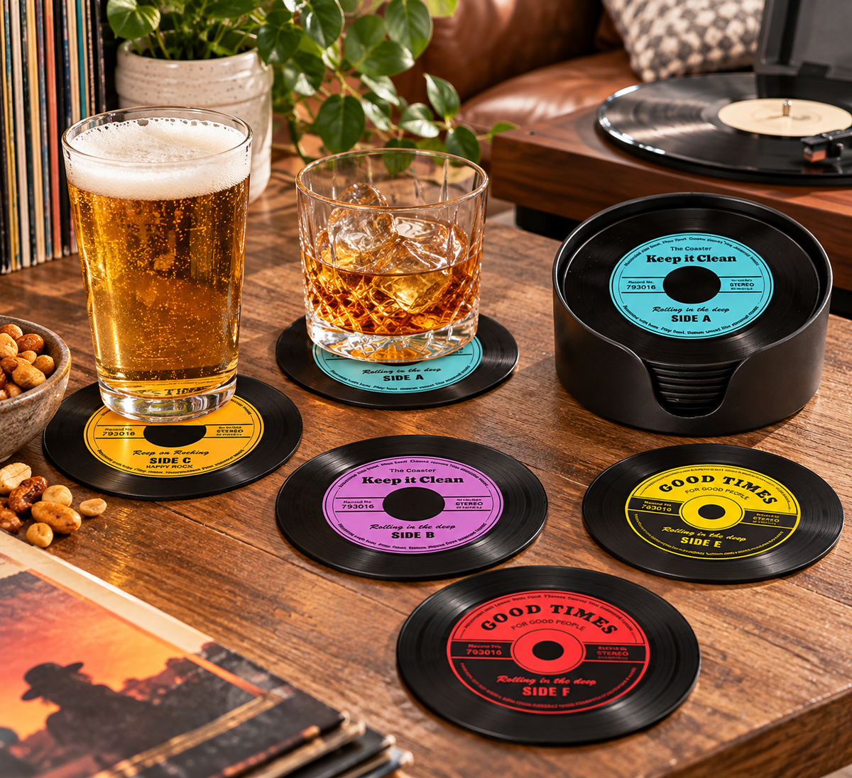 Retro Glass Coaster Set Vinyl Records with Holder