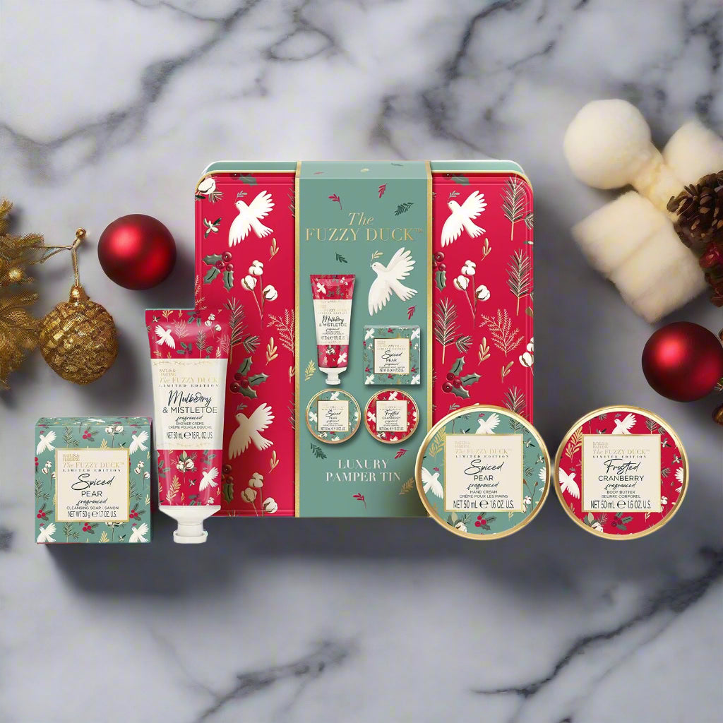 Collection of beauty products with a festive design on a white background