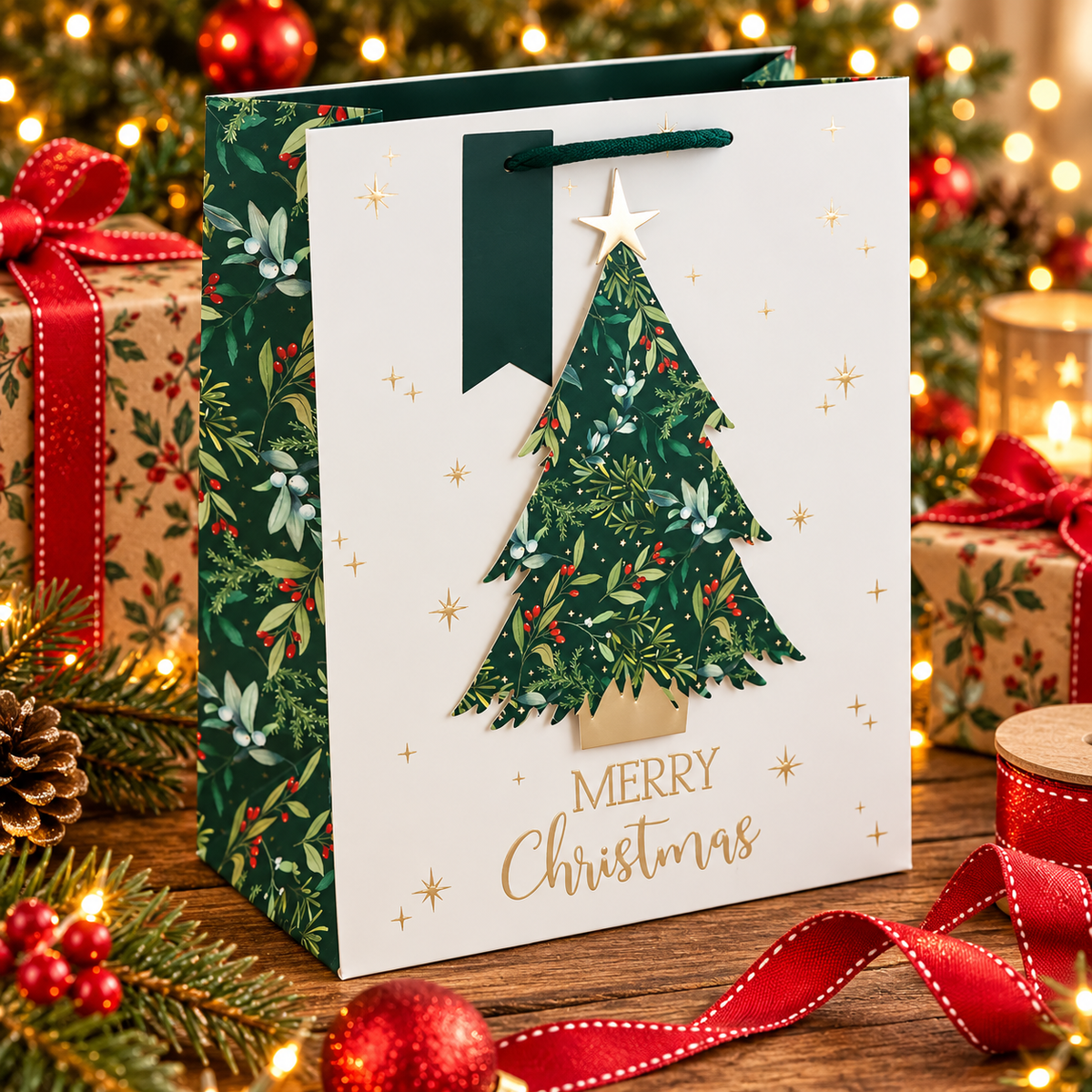 Christmas Large Gift Bag Green White Xmas Tree Traditional Design