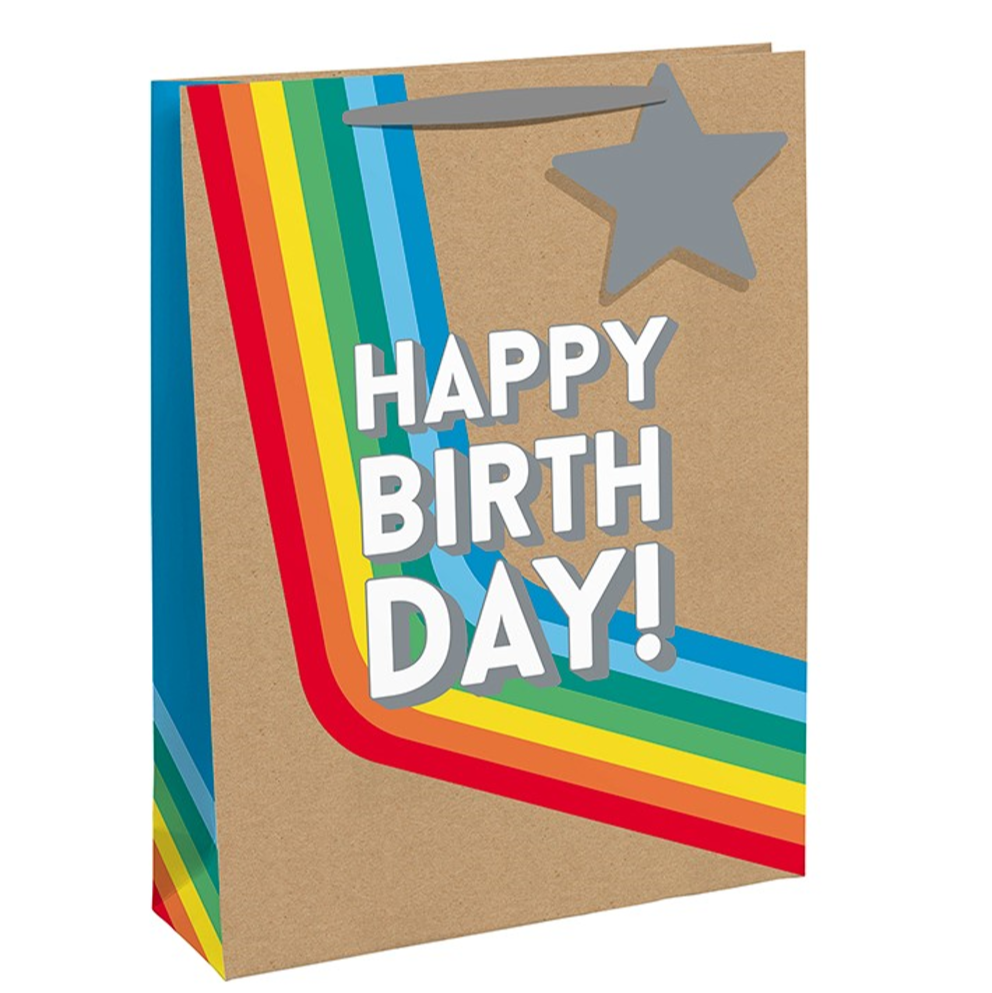 Kraft Rainbow Star 'Happy Birthday' Recyclable Gift Bag Large