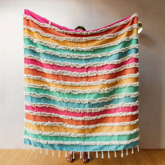 Sass & Belle Rainbow Stripe Tufted Throw 150cmx 125cm