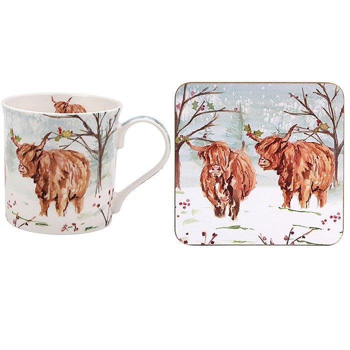 Leonardo Collection Christmas Highland Cows Mug & Coaster Gift Set