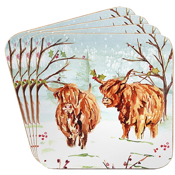 Leonardo Collection x Jennifer Rose Highland Cow Christmas Coaster Set of 4