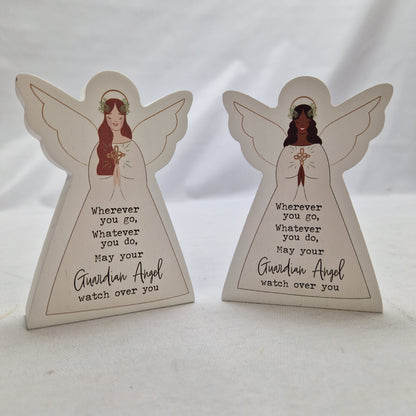 Wooden Guardian Angel Block Decoration