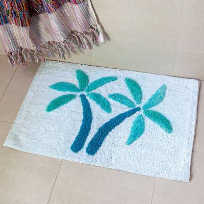 Rex London Ivory Blue Palm Tree Graphic Tufted Cotton Bathmat 80x50cm