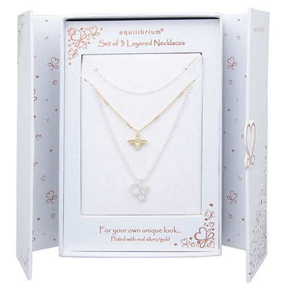 Equilibrium Gift Set of 3 In 1 Layered Two Tone Bee Necklaces