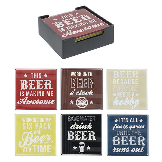 Shudehill Giftware Set of 6 Square Glass Funny Beer Quote Themed Coasters