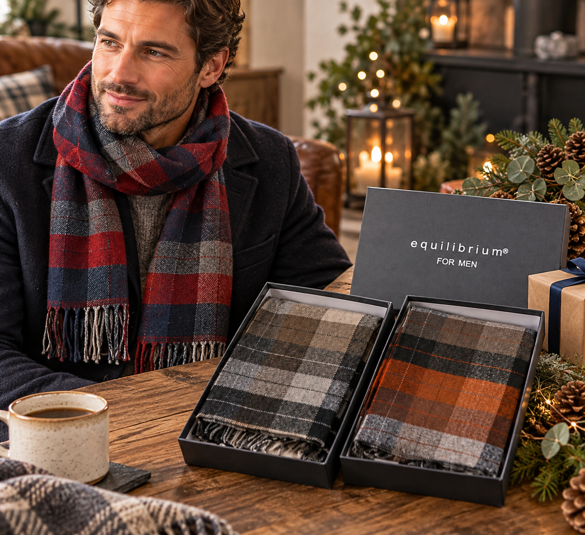 Equilibrium Mens Check Scarf in Gift Box Cashmere Feel