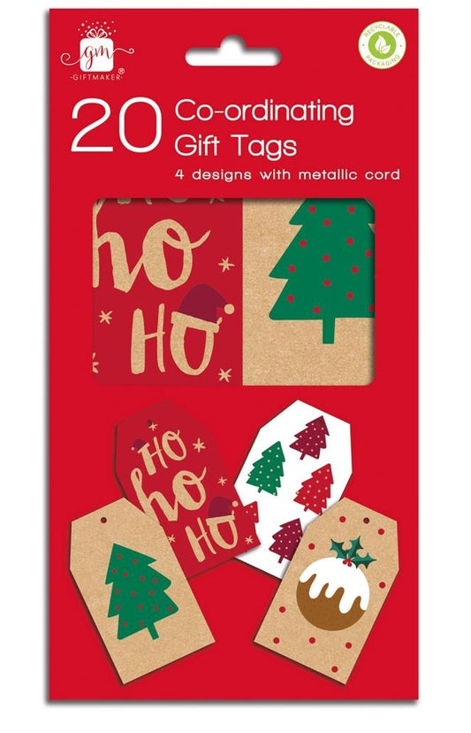 Gift Maker Pack of 20 Kraft Co-Ordinating Gift Tags - Pudding, Tree, Ho Ho Ho