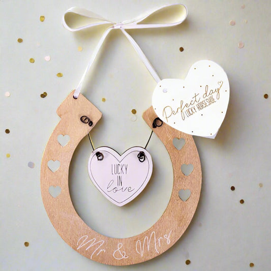 Mr & Mrs 'Lucky in Love' Wooden Horseshoe Hanging Keepsake NG