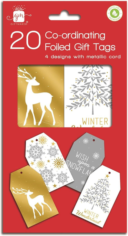 Giftmaker Pack of 20 Coordinating Christmas Design Gift Tags, Metallic Gold, Silver, White