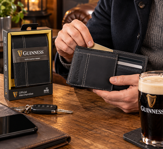 Guinness Mens Leather Wallet Black Bifold RFID Protection