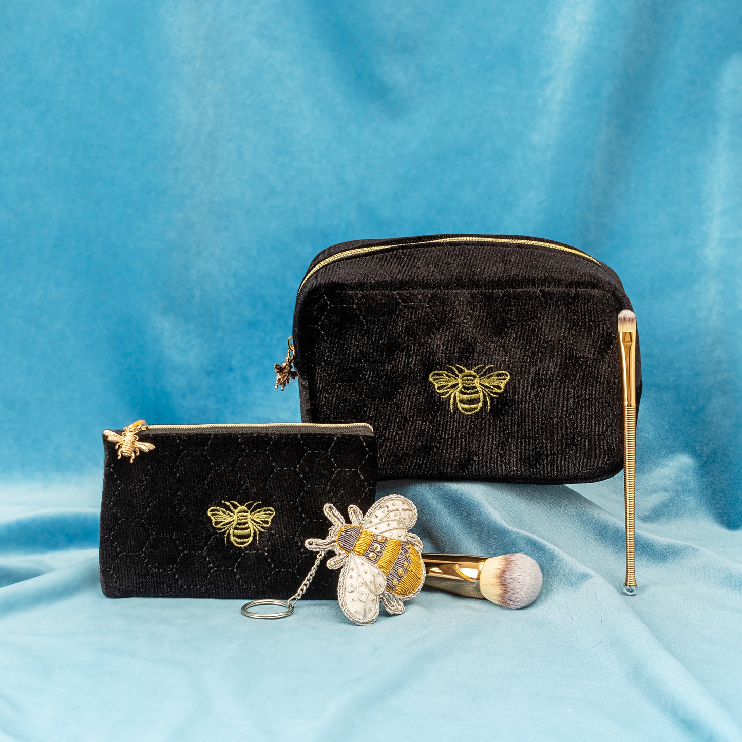 Sass & Belle Black Velveteen Make Up Bag with Gold Embroidered Bee Motif