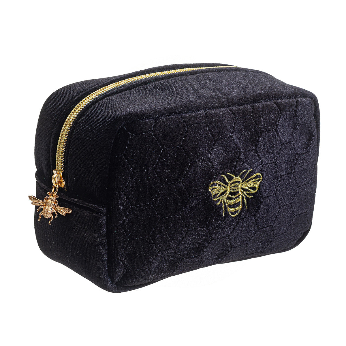 Sass & Belle Black Velveteen Make Up Bag with Gold Embroidered Bee Motif