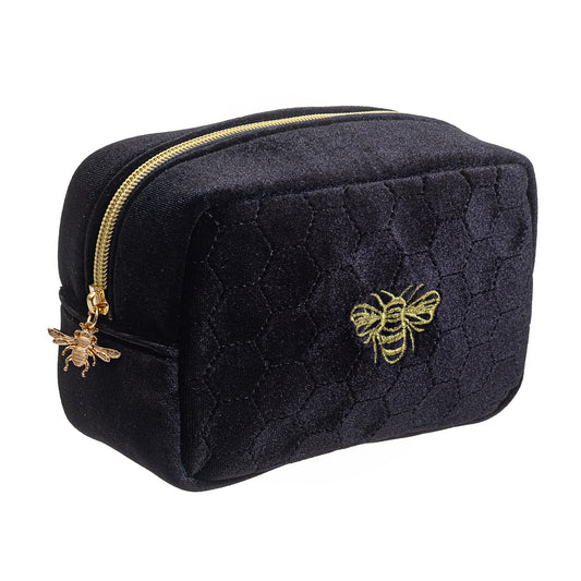 Sass & Belle Black Velveteen Make Up Bag with Gold Embroidered Bee Motif