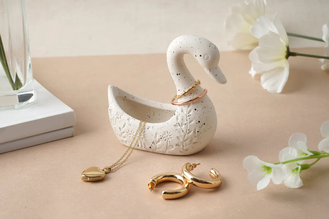 CGB Giftware White Ceramic Swan Jewellery Trinket Holder with Bowl