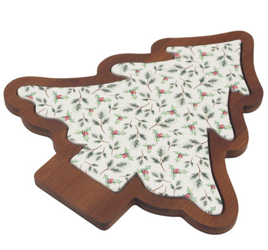 Christmas Cheeseboard Wood Ceramic Tree Shaped Serving Platter