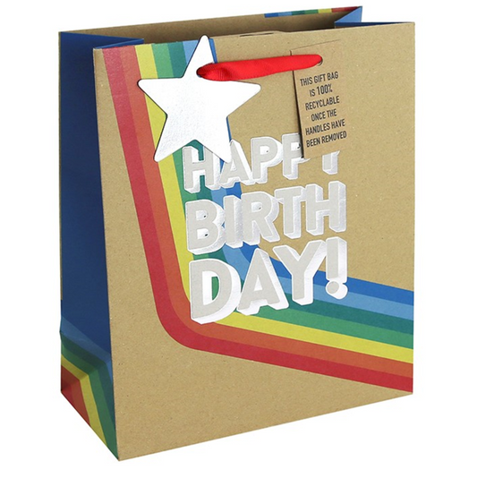 Kraft Rainbow Star 'Happy Birthday' Recyclable Gift Bag Medium