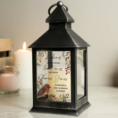 Personalised Robins Appear.. Memorial Black Lantern