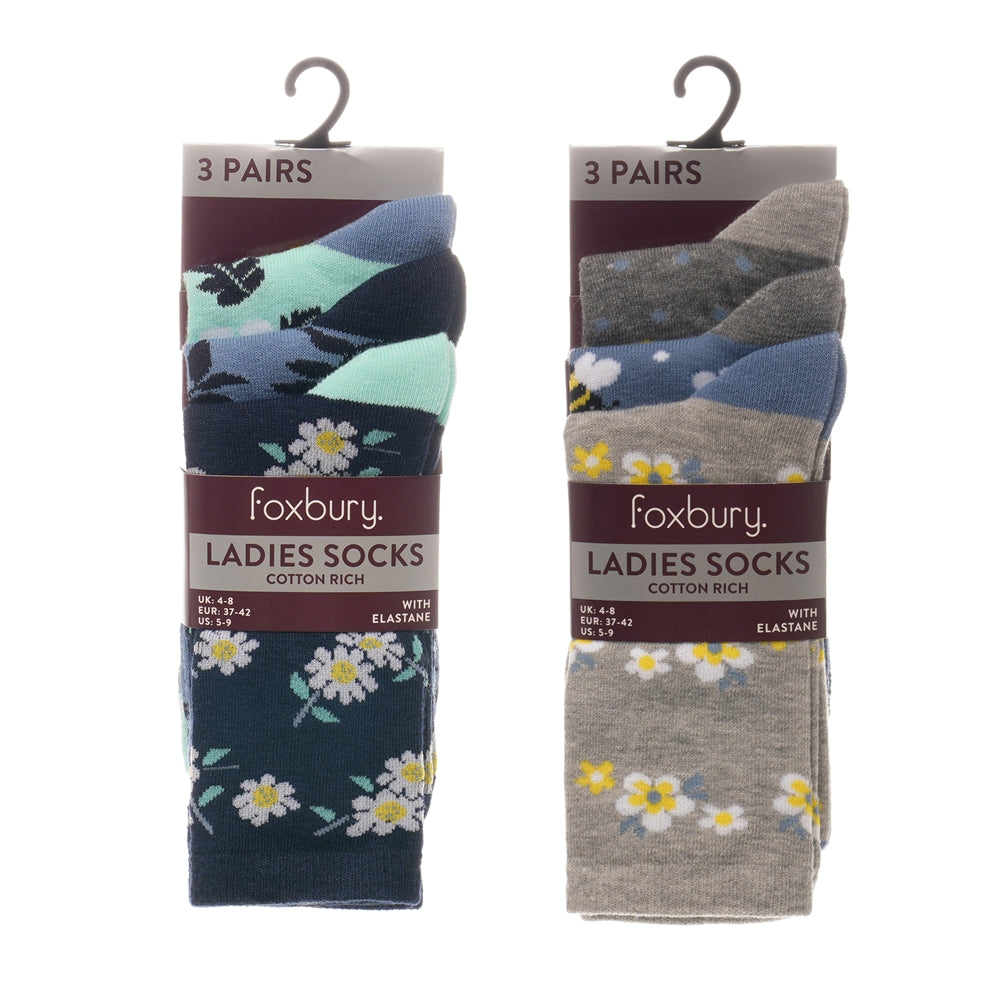 Foxbury Ladies 3 Pack Novelty Design Socks UK Size 4-8