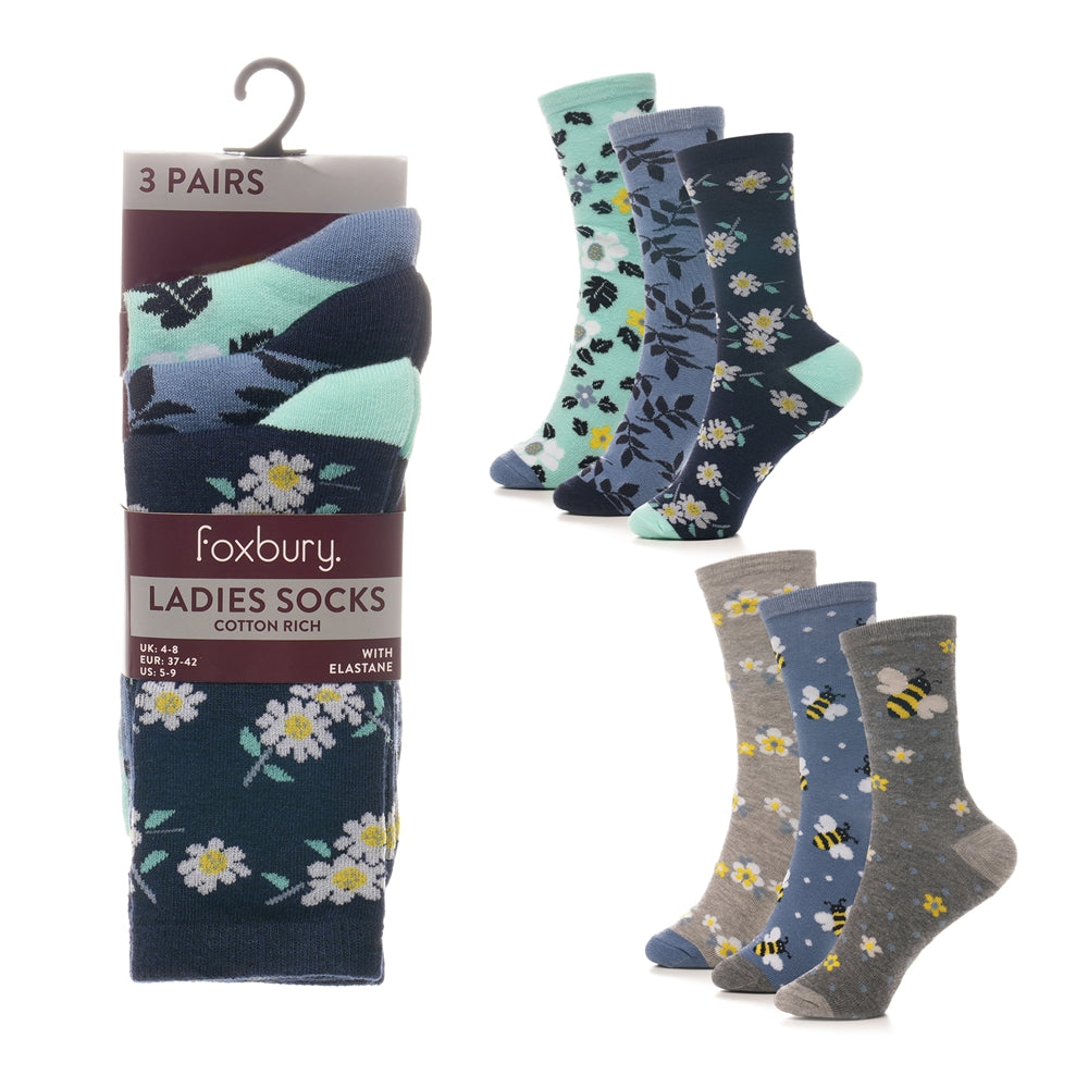 Foxbury Ladies 3 Pack Novelty Design Socks UK Size 4-8