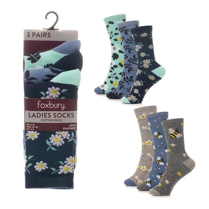 Foxbury Ladies 3 Pack Novelty Design Socks UK Size 4-8