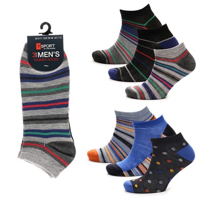 Tom Franks Mens 3 Pack Trainer Socks Spots Stripes Assorted Pack UK Size 6-11