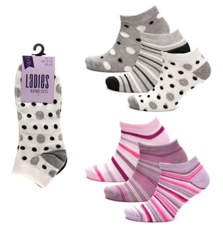 Foxbury Ladies 3 Pack Trainer Socks - Pink Stripe or White Spots UK 4-8