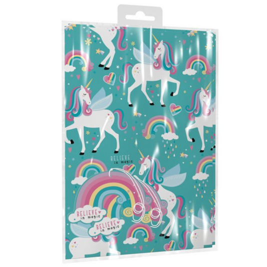 Gift Maker Teal Unicorn Print Wrap - 2 Sheets & 2 Tags