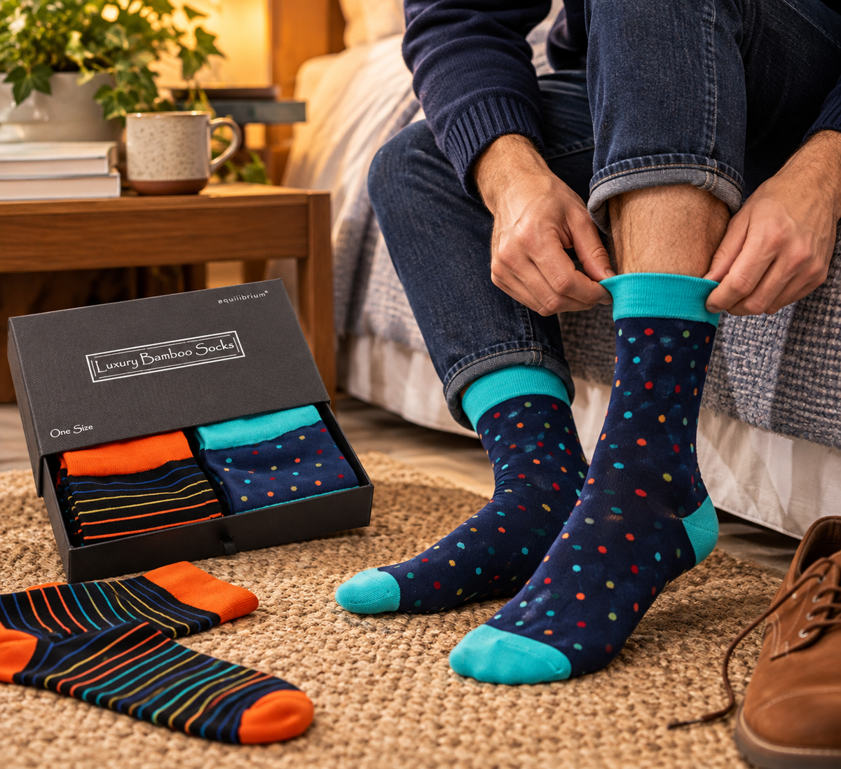Equilibrium Mens Luxury Bamboo Socks Navy Stripes and Spots in Gift Box