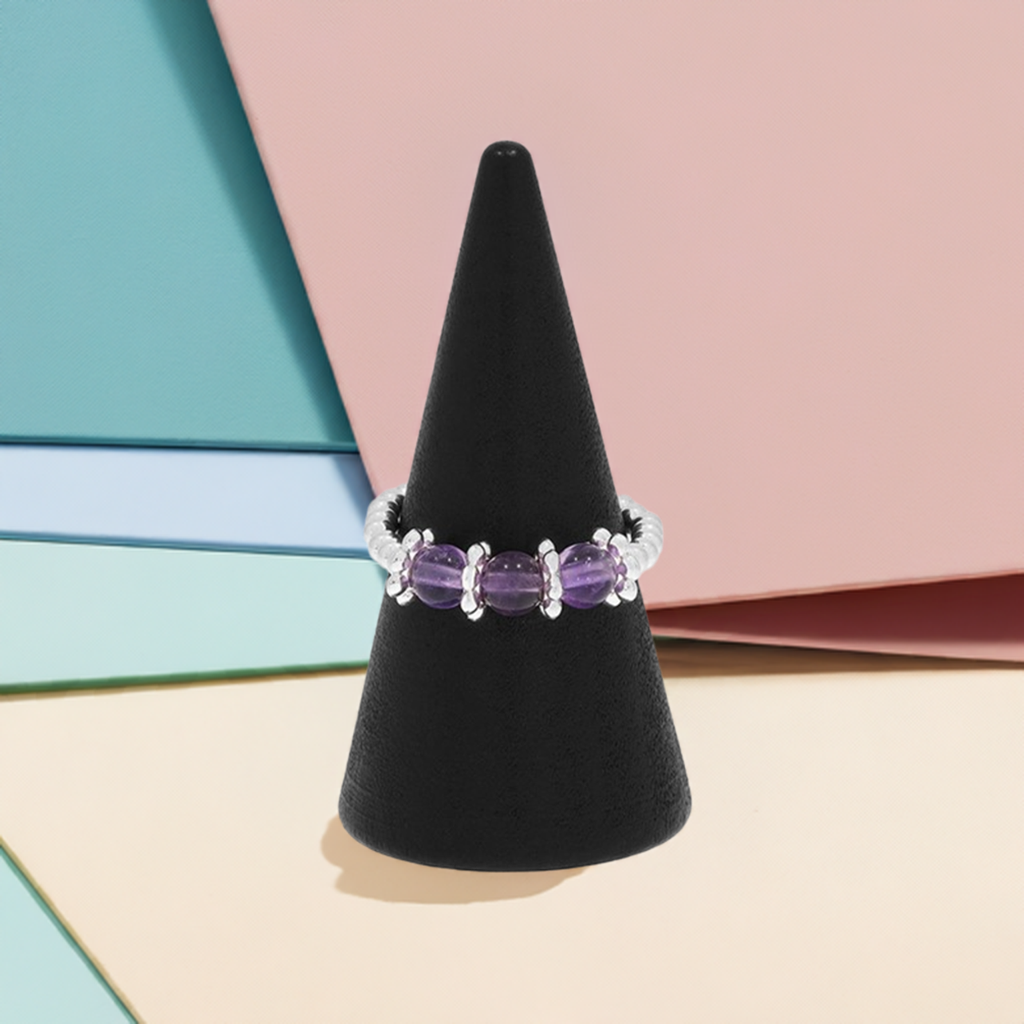 Equilibrium Elasticated Stackable Silver Plated Ring Amethyst