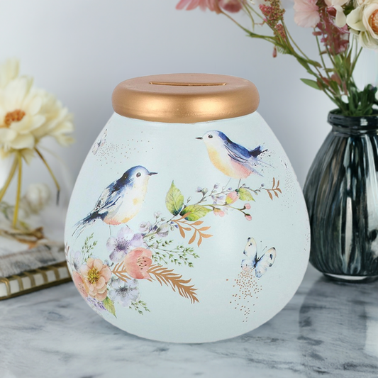 Floral Bird Design Pot of Dreams Ceramic Money Box