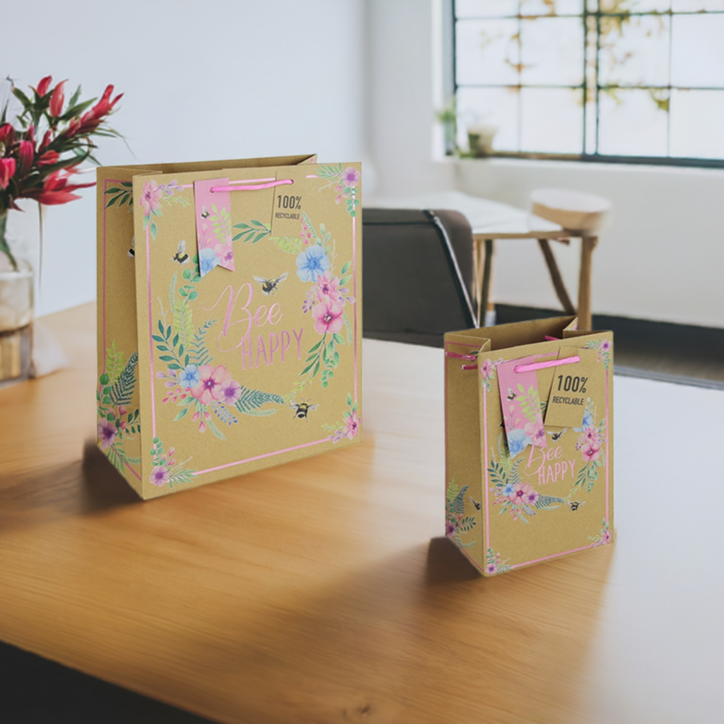 Clairefontaine 'Bee Happy' Floral Brown Paper Recyclable Gift Bag