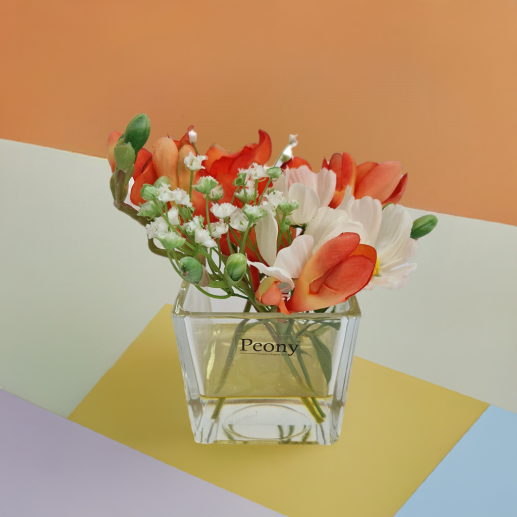 Peony Faux Flowers Orange/White Freesia, Cosmos & Gypsophila in Glass Cube