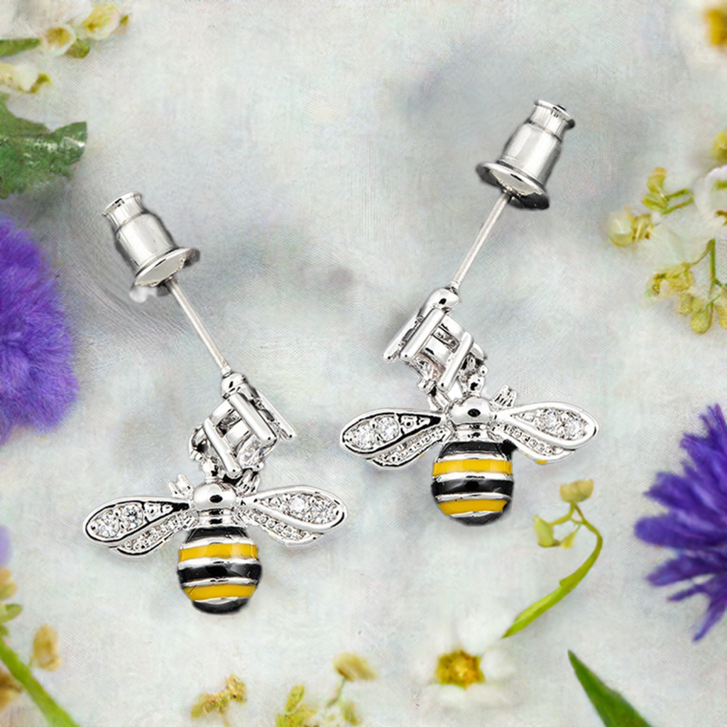 Equilibrium Handpainted Bees Silver Plated Dangly Earrings