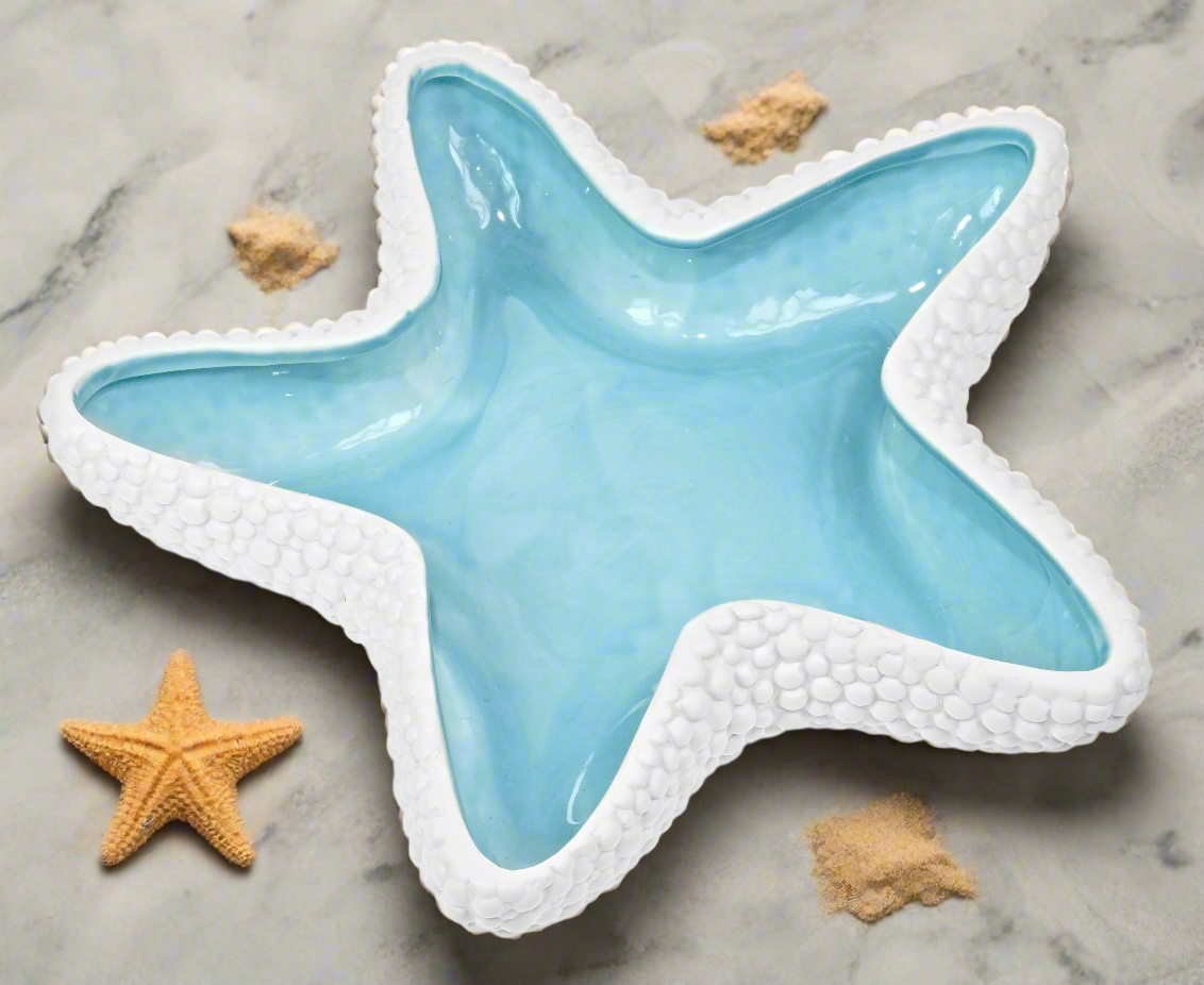 Quay Traders White Blue Ceramic Starfish Shaped Dish