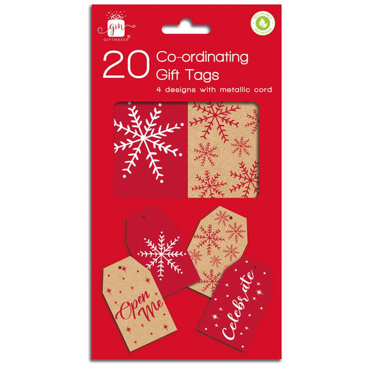 Gift Maker Pack of 20 Kraft Red Snowflake & Text Gift Tags with Metallic Cord