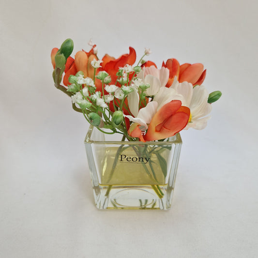 Peony Faux Flowers Orange/White Freesia, Cosmos & Gypsophila in Glass Cube