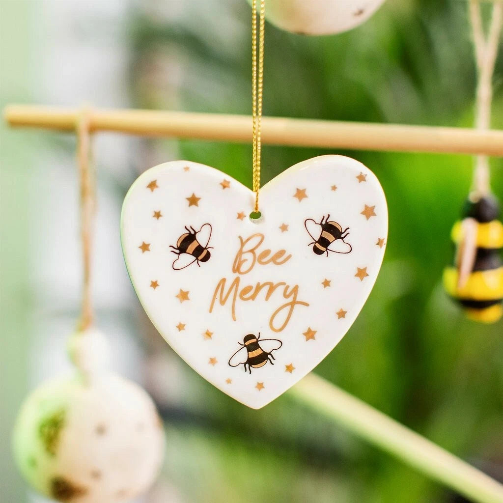 Bee Merry Christmas Ceramic Heart Hanging Decoration Sass & Belle