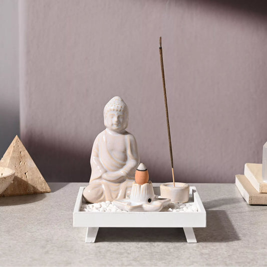 Serenity Alter Buddha Incense Burner Set White