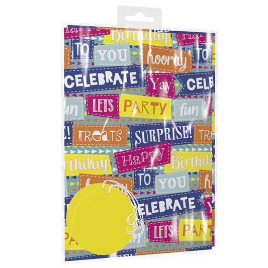 Gift Maker Bright Text Happy Birthday Gift Wrap - 2 Sheets & 2 Tags