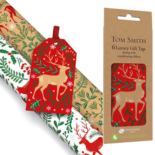 Tom Smith Pack of 6 Luxury Kraft Gift Tags - Reindeer on Red Background