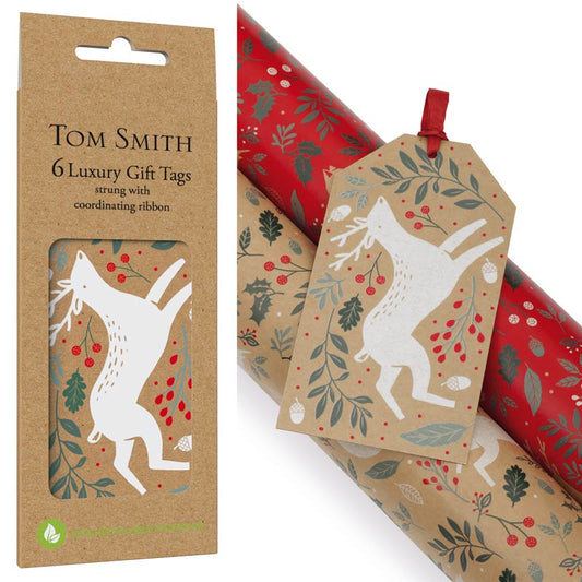Tom Smith Pack of 6 Luxury Kraft Gift Tags - White Reindeer on Kraft Background